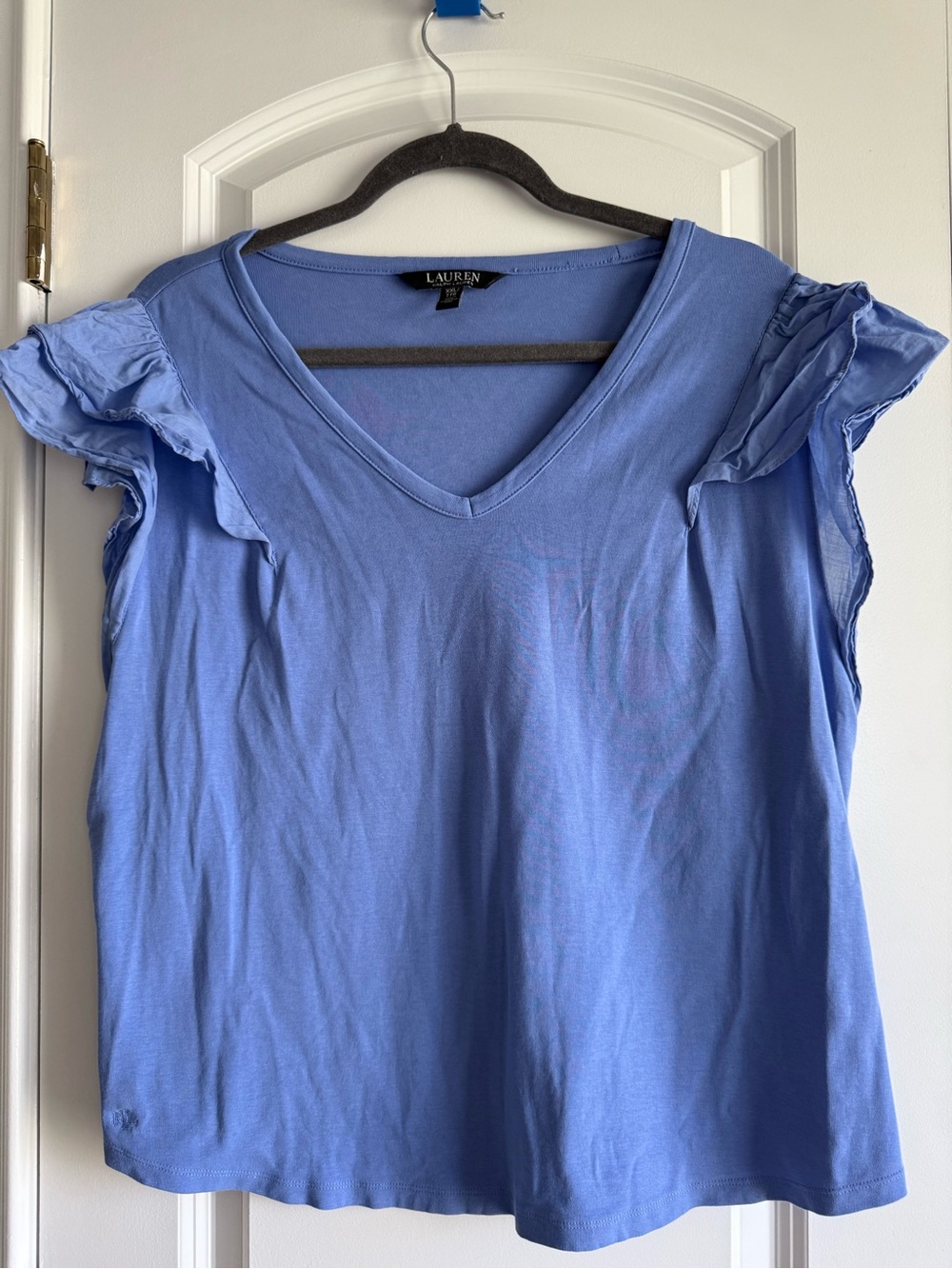 LAUREN Ralph Lauren Women’s Periwinkle Blue V-Neck Tank, Ruffle Sleeves, XXL